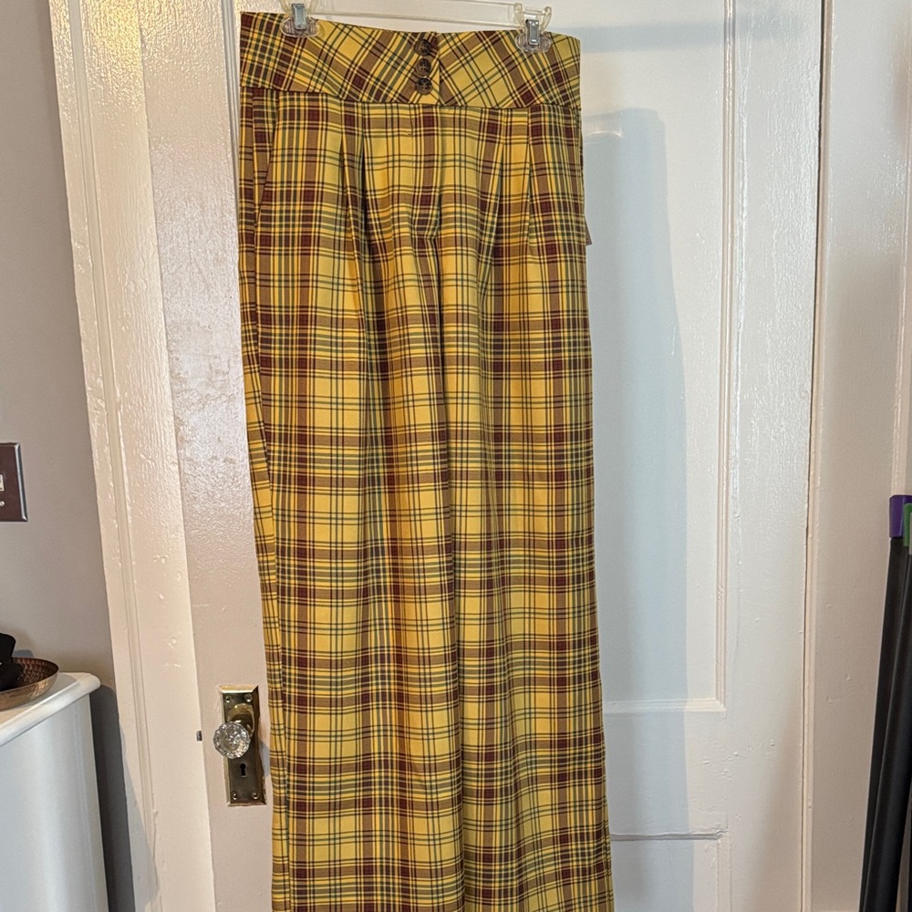 NWT Anthro Yellow Plaid Wise Leg High-Waisted Pants